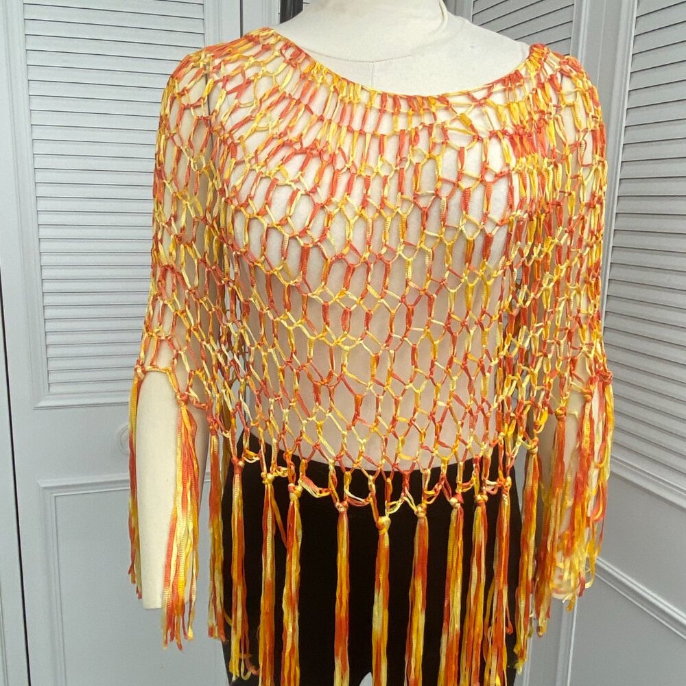 Crochet Poncho Top Oranges Tie Dye OS Doubles as Scarf - Picture 9 of 11